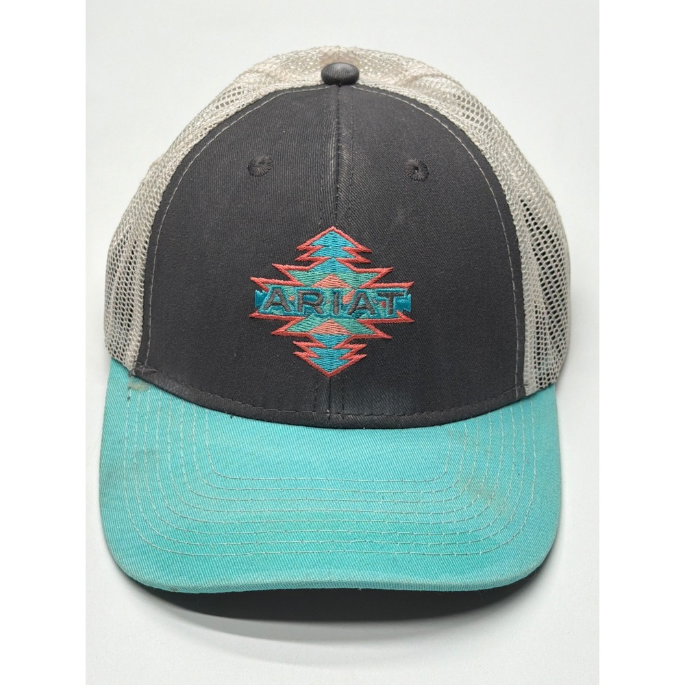Ariat Youth Snapback Trucker Hat‎ Grey Teal Aztec Logo Mesh Back Cap